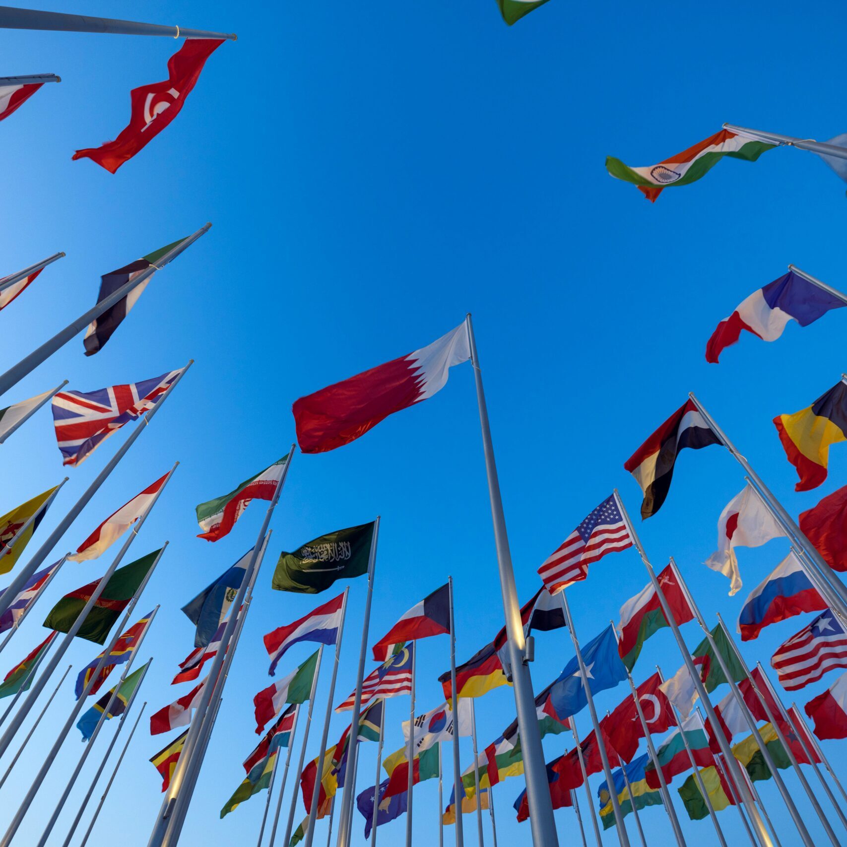 International flags waving against a clear blue sky in Doha, Qatar, symbolizing unity and diversity.