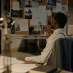 Detective in thought examining evidence board in a dimly lit office environment.